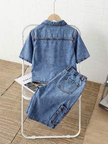 SHEIN Little Byeori 2Pcs Tween Boy Fashion Casual Y2k Vintage Cool Street A 2-Piece Set Featuring A Comfortable And Soft Black Washed-Out Denim Short-Sleeved Shirt And Multiple Pockets Loose And Comfortable Denim Shorts For Kids Clothes Tween Boy Dailywear And Kids Spring And Summer Rave Outfits Festival And Outfits Streetwear Clothes - Medium Wash - View 6