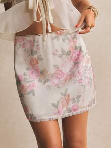 Poéselle Women's White And Pink Floral Satin Lace-Trim Mini Skirt,Summer Casual Party High-Waist Cottagecore Y2K Elegant Beach Holiday Easter Outfit - Multicolor - View 5