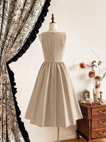 xheVintamour Vestido vintage elegante para mujer con bolsillos, cruzado, con cadena y botones metálicos, vestido informal para vacaciones de otoño.xhe - Albaricoque - Ver 9