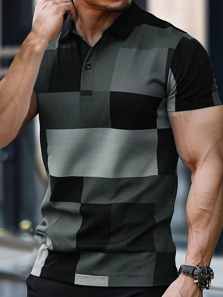 Calvornis 男士休闲短袖纽扣 Polo 衫 - 灰色 - 查看 1