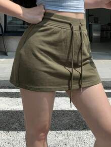 DAZY 女士纯色抽绳腰休闲百搭半身裙 - 灰色 - 查看 2