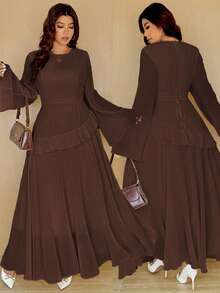 Vionelle Plus Size Solid Color Round Neck Ruffle Hem Elegant Long Sleeve Dress - Brown - View 1