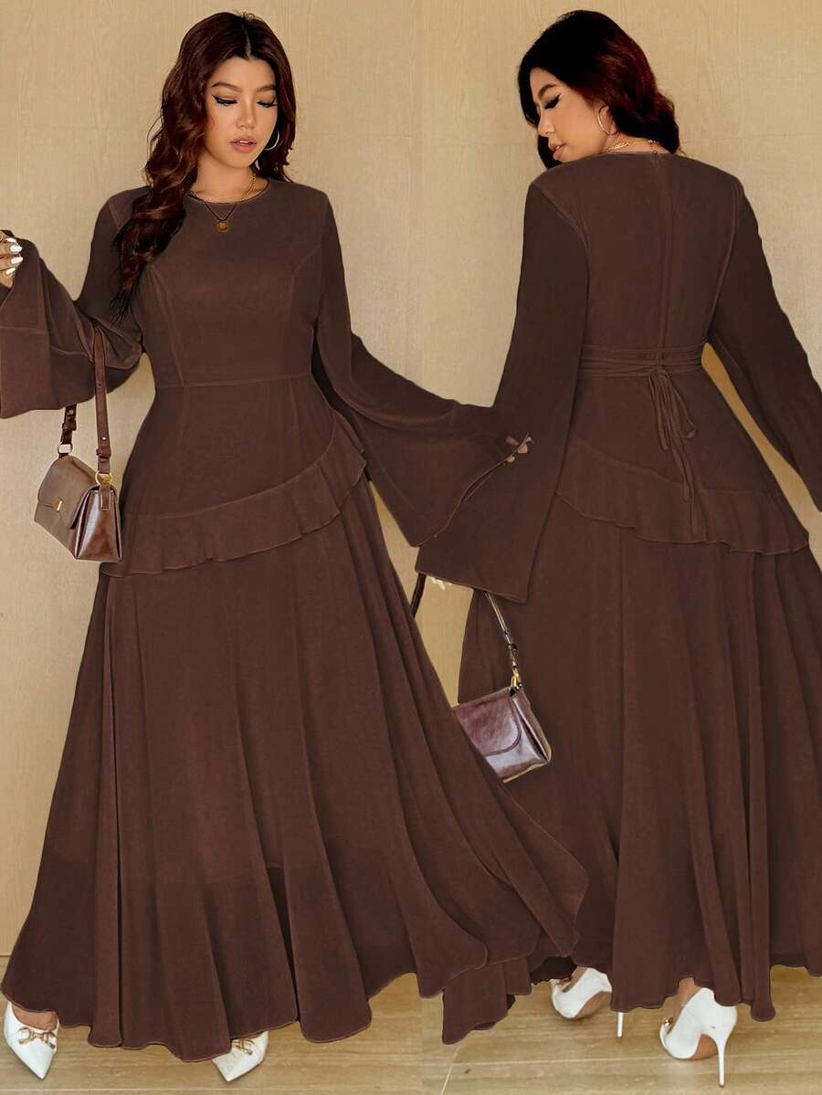 Vionelle Plus Size Solid Color Round Neck Ruffle Hem Elegant Long Sleeve Dress - Brown - View 1