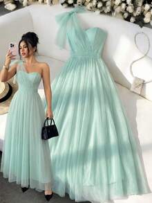 SHEIN Elenzya 无袖网纱抹胸蝴蝶结腰身A字优雅浪漫精致连衣裙，适合女士出席婚礼、聚会和派对等场合。 - 薄荷綠 - 查看 1