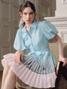 Anewsta Vestido camisa de botones con cintura ceñida, nuevo para primavera/verano. Vestido azul plisado con mangas de pétalo y silueta evasé - Multicolor - Ver 2