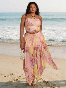 SHEIN BAE Plus Size Women Floral Print Fitted Sleeveless Tube Top, Summer Tops - Multicolor - View 7