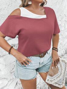 EMERY ROSE Plus Size Summer Casual Contrast Color Asymmetric Collar T-Shirt - Redwood - View 5