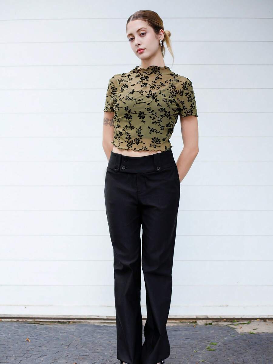 Ananda Vibes Women Plain Color Casual/Fashionable Outing/Versatile Casual/Old Money Style Patch Pocket Wide Waistband Simple Commute Office Low-Waist Loose Wide Leg Pants, Autumn/Winter Women Pants, Pants, Women's Dress Pants, Work Wear, Vintage Style Leopard Print - Black - View 1