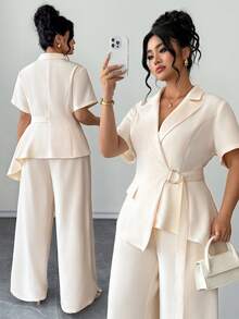 Elenzga 女士加大码翻领西装外套和阔腿裤两件套，优雅法式浪漫复古休闲商务通勤海滩度假风，春夏新品 - 杏色 - 查看 6