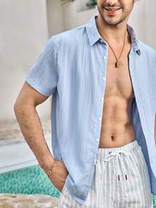 Mercer Haus 男士休闲纯色短袖翻领衬衫，适合外出穿着，也适合在夏威夷等夏季热带度假胜地穿着。 - 霧霾藍 - 查看 6