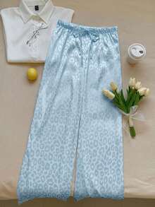 SHEIN EZwear 女士休闲浅蓝色豹纹抽绳腰宽松阔腿裤 - 藍色 - 查看 6