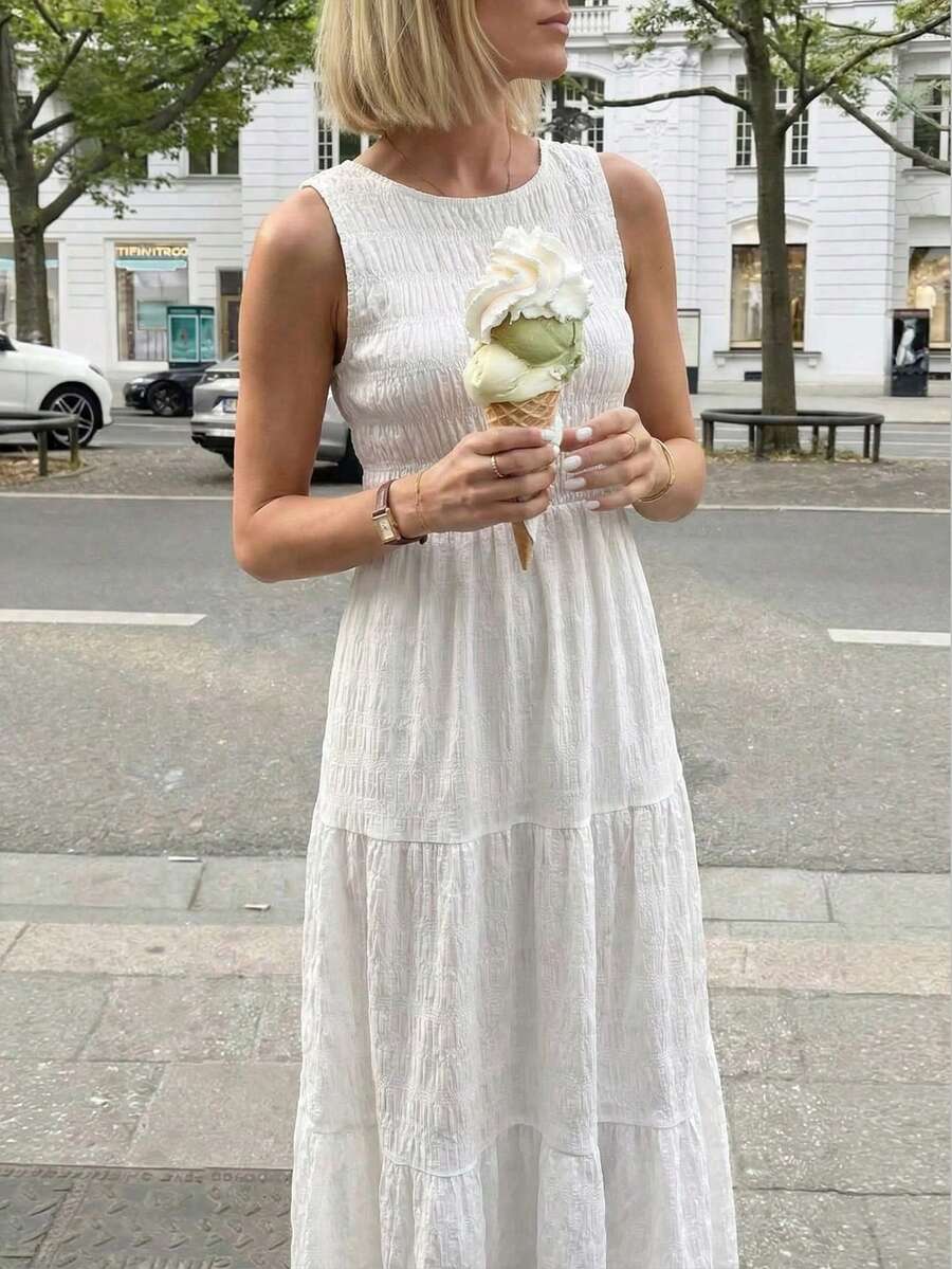 Pariaura 2026新款女士夏季服装优雅无袖白色长裙休闲褶皱胸部层叠荷叶边下摆飘逸透气波西米亚风海滩度假美学简约度假装派对约会日常长裙 - 白色 - 查看 1