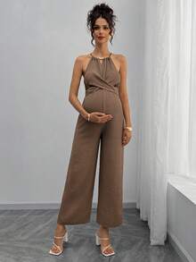 Momance Bộ áo liền quần bầu với cổ yếm đính hạt gỗ, chi tiết nơ thắt eo phía trước, quần dài đến mắt cá chân. Quần áo bà bầu, trang phục dự tiệc mừng em bé, áo liền quần bầu cho phụ nữ, áo liền quần cho bà bầu, trang phục bà bầu, áo liền quần cho phụ nữ mang thai, trang phục bà bầu, áo liền quần nữ. - màu nâu - Xem 3