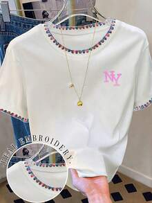 INAWLY Camiseta casual de mujer con cuello redondo y hombros caídos, bordada. Camiseta casual de manga corta con estampado de letra NY, de corte holgado. Camiseta casual de verano con bordado de concha. Camiseta casual y cómoda para exteriores, adecuada para todas las estaciones. - Blanco - Ver 3