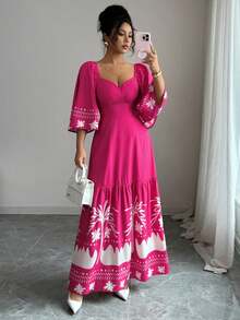 Mulvari Women's Vacation Ruffle Sleeve Fashionable Placement Print Dress - Hot Pink - View 5