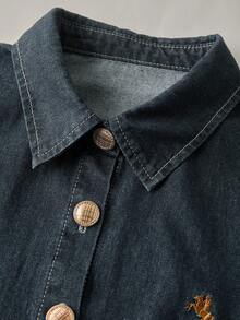 SHEIN MOD Áo sơ mi denim tay loe, thắt eo, dáng rộng, thêu họa tiết, dành cho nữ, thích hợp mặc mùa xuân. - màu đen - Xem 6