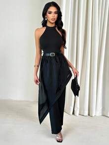 SHEIN LUNE 1 Bộ đồ nữ gồm áo dài cổ yếm thắt nơ, vạt áo bất đối xứng và quần dài ống đứng. - màu đen - Xem 4