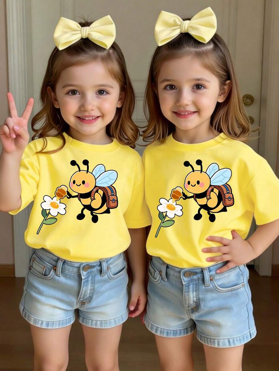 Elladie kids Áo thun ngắn tay cho bé gái, kiểu dáng thường ngày, thời trang, sáng tạo, in hình ong và hoa dễ thương, thoải mái để mặc hàng ngày vào mùa xuân, hè và thu. - Màu Hồng Tươi - Xem 1