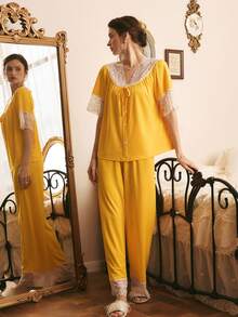 Conjunto de pijama holgado con cuello en V y ribete de encaje de color contrastante, elegante y romántico para mujer - Amarillo - Ver 5