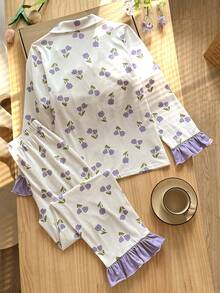 SHEIN Tween Girl Casual Daily Versatile Comfortable Loose Floral Pattern Patchwork Contrast Color Knit Tulip Elegant Flower Purple Ditsy Floral Long Sleeve Ruffle Bell Sleeve Spring/Summer Loungewear Tween Girl Fall/Winter Outfits - Multicolor - View 5