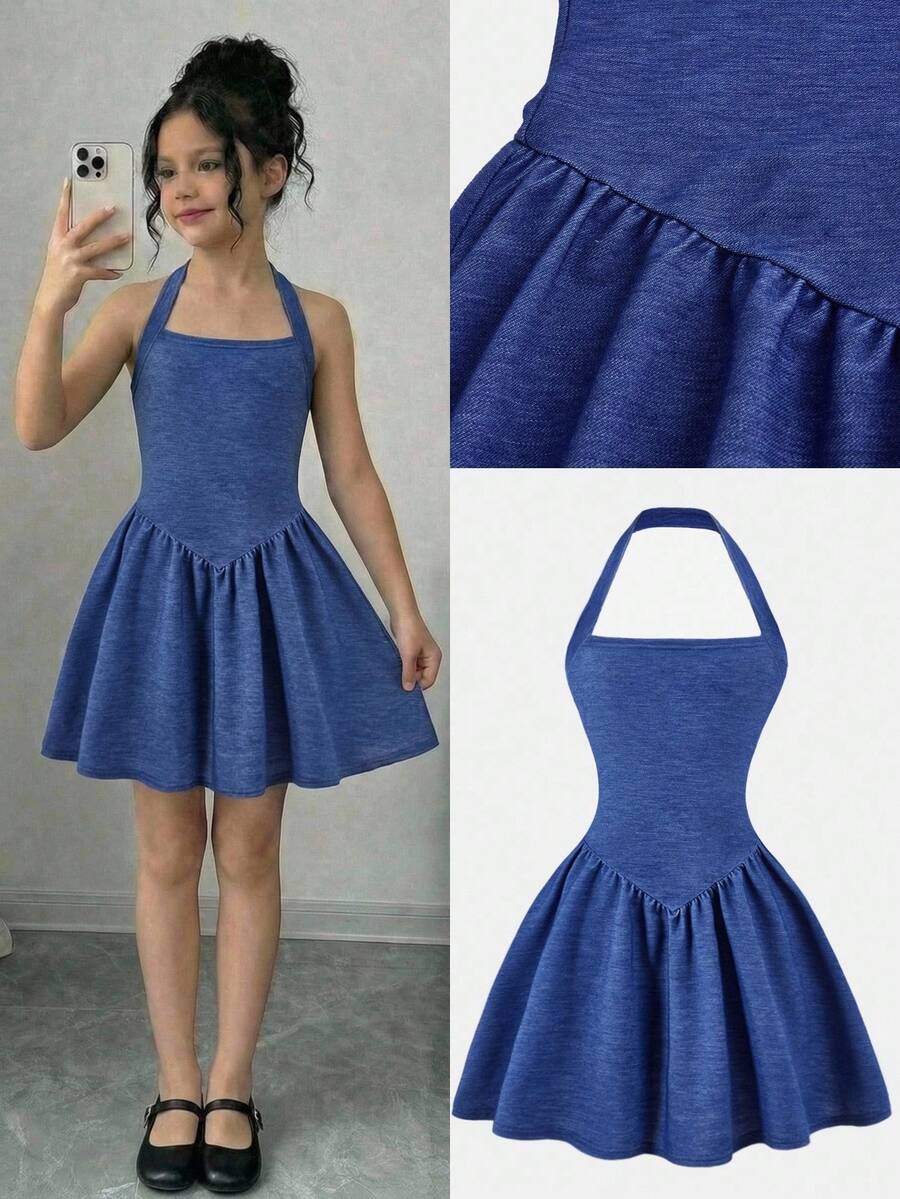 少女时尚休闲牛仔效果优雅吊带修身A字迷你连衣裙，适合派对、外出、返校等场合穿着 - 藍色 - 查看 1