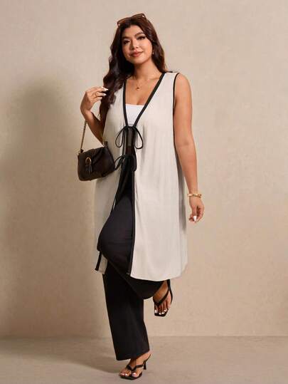 Elaquor Plus Size V-Neck Long Shirt, Plus Size Shirt, Plus Size Summer Shirt, V-Neck Sleeveless Long Shirt, Contrast Color Collar And Placket Design, Front Tie Design, Casual Vacation Long Shirt