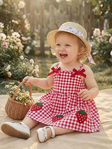 SHEIN 女婴休闲时尚红色连衣裙，正面饰有蝴蝶结，草莓印花裙摆，无袖收腰设计，适合春夏女婴穿着，可爱、优雅、简约、舒适，适合日常、上学、外出、派对、度假等场合。幼儿连衣裙，草莓刺绣连衣裙，女婴连衣裙，优雅派对连衣裙，夏季服装，女童春季连衣裙，幼儿连衣裙，夏季服装，柔软连衣裙。 - 彩色 - 查看 4