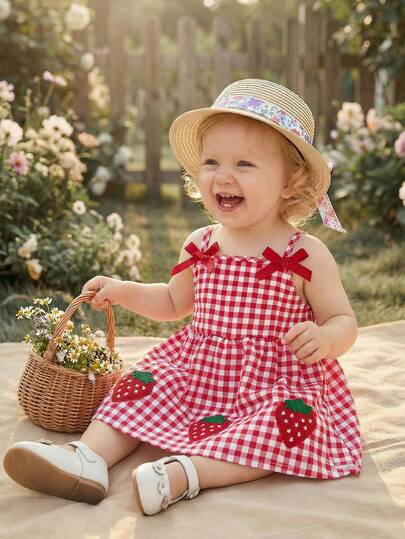 SHEIN Đầm đỏ thời trang thường ngày cho bé gái, trang trí nơ ruy băng phía trước, viền in hình dâu tây, đầm không tay dáng suông, thích hợp cho bé gái mặc vào mùa xuân/hè, dễ thương, thanh lịch, đơn giản, thoải mái, phù hợp mặc hàng ngày, đi học, đi chơi, dự tiệc, nghỉ lễ.
