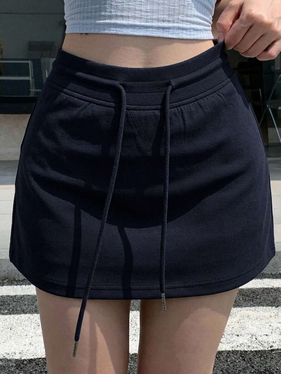 DAZY Falda casual versátil de unicolor con cordón en la cintura para mujer - Azul Marino - Ver 1