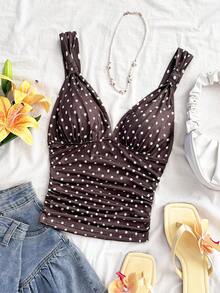 SHEIN Tall CURVE 大码褶皱波点吊带背心，时尚西部风格，春夏款 - 棕色 - 查看 7