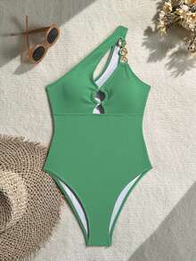 Swim SXY 女士纯色金属环装饰镂空不对称领口连体泳衣 - 綠色 - 查看 3