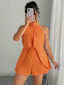 Elenzga Plus Size Elegant Orange Summer Party Romper,Ladies Casual Solid Color Collared Sleeveless Two Piece Outfits For Women Birthday Photoshoot Races - Coral Orange - View 3