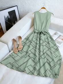 Franclia Women's Fashion High-End Commuting Social Workplace Daily Street Style Aesthetic Lace-Up Geometric Print Casual Comfortable Elegant Retro Patchwork Print Dress - Mint Green - View 3