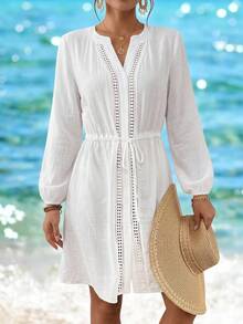 Swim Lushoire 女士夏季沙滩圆领前开襟长袖拼接镂空蕾丝抽绳腰带度假休闲和服连衣裙 - 白色 - 查看 7