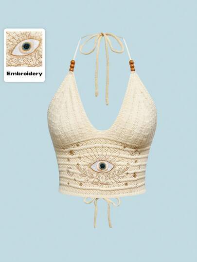 ROMWE Women's Boho Summer Outfit, Hippie Vacation Style Eye, Moon & Star Embroidery Color Knit Beaded Top