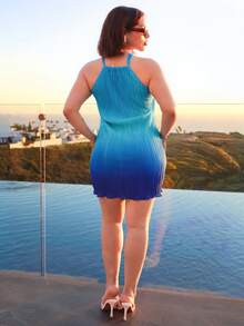 Lupita Cardoza Vestido Casual de Férias Feminino com Decote Halter, Ajustado, Estampa Degradê Plissada, Modelo Mini, Adequado para Festa, Férias, Festival de Música, Encontro de Feriado, Chá da Tarde, Praia, Cruzeiro - Azul - Visão 2