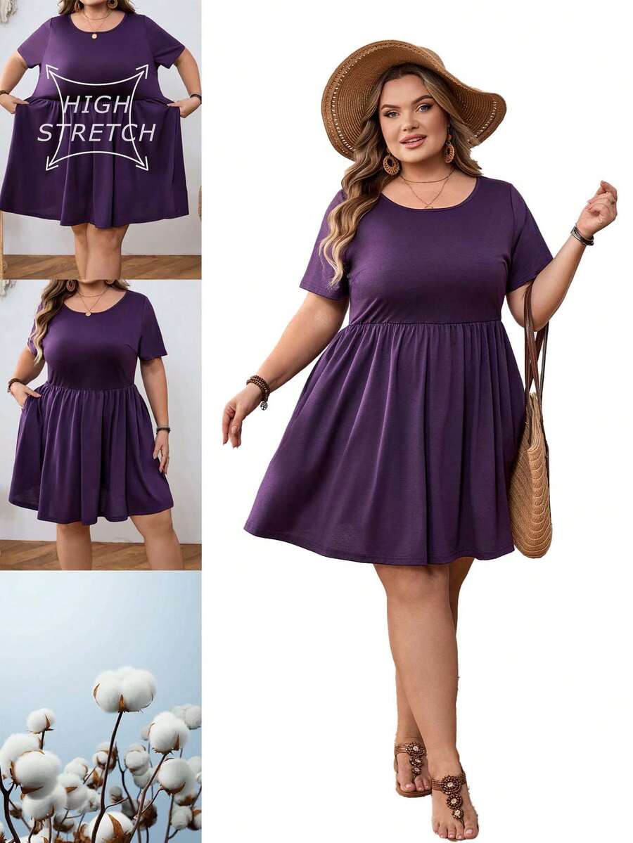 SHEIN CURVE+ Đầm ngắn tay màu trơn dành cho nữ cỡ lớn - Màu tím - Xem 1