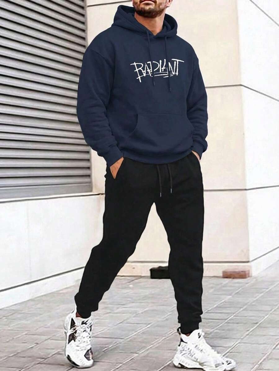 EURMUSE Men Letter Printed Regular Hoodie Set - Navy Blue - View 1
