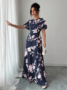 Elenzga Đầm nữ cổ tròn tay bèo nhún, eo thắt eo, in họa tiết kỹ thuật số thanh lịch, lãng mạn - Nhiều màu - Xem 4