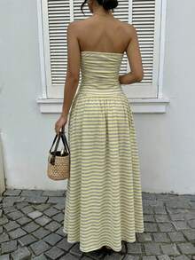 SHEIN EZwear 女士多巴胺奶油黄条纹印花荷叶边无肩带连衣裙，适合度假、秋季时尚、婚礼宾客着装、生日派对、户外活动穿着 - 彩色 - 查看 2