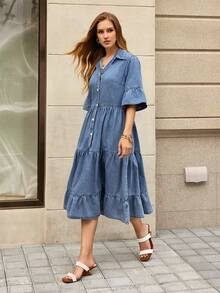 Selenza Đầm denim dáng rộng, ôm dáng, vạt xòe, cài một hàng khuy dành cho nữ - Rửa trung bình - Xem 4