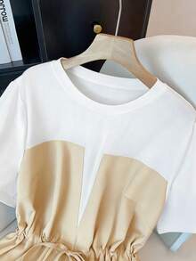 GlowEve CURVE Áo thun nữ cỡ lớn, chất liệu vải dệt kim phối màu, cổ tròn, tay ngắn, cạp chun, dáng rộng, suông, thoải mái, thời trang hàng ngày, phù hợp cho kỳ nghỉ, đa năng 2 trong 1, thích hợp cho mùa xuân và hè. - Nhiều màu - Xem 3