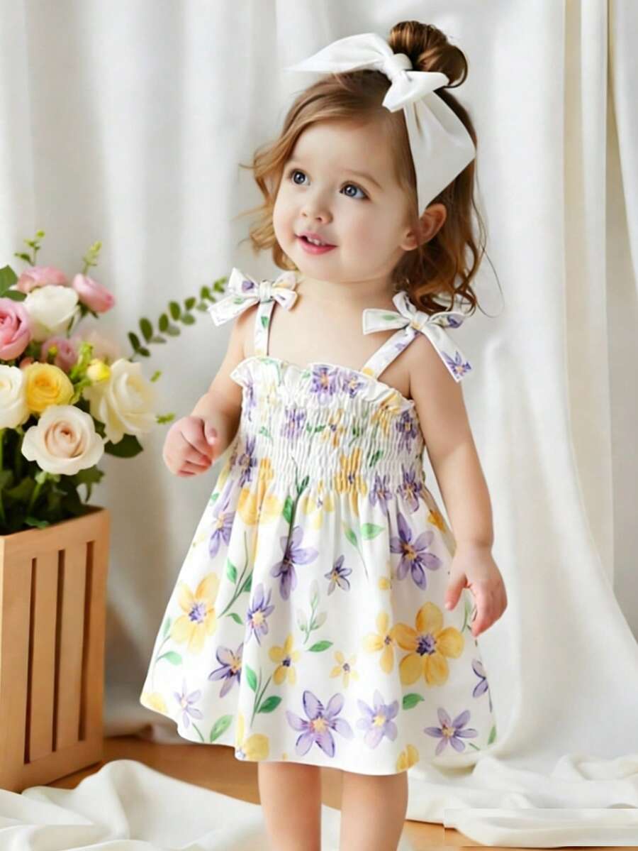SHEIN Playful Pals 女童无袖褶皱彩色中长连衣裙,休闲公主风,适合度假和聚会 - 彩色 - 查看 1