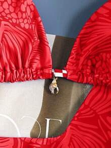 Swim Mod Conjunto de bikini lindo a cuadros con conchas y estrellas de mar para vacaciones de playa primavera/verano 2026 - Rojo - Ver 4