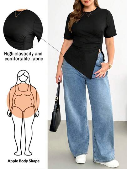 Shapeblank Camiseta negra básica de manga corta para mujer talla grande, con cintura fruncida, bajo irregular y versátil, cómoda y elástica, para uso diario, ideal para looks de verano y salidas