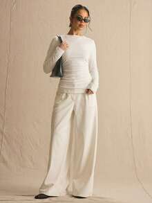 MUSERA Solid Cinched Ruched Waist Batwing Long Sleeve Top , Spring Fall , Casual Elegant Work Office Mother's Day - White - View 5