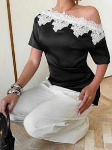 Siren Gaze 女士蕾丝拼接缎面衬衫，不对称肩领设计 - 黑色 - 查看 5