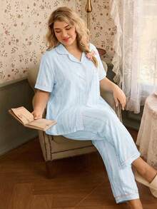 CottageSlumber Plus Size Ditsy Floral Ruffle Collar Short Sleeve Pajama Set - Blue - View 3