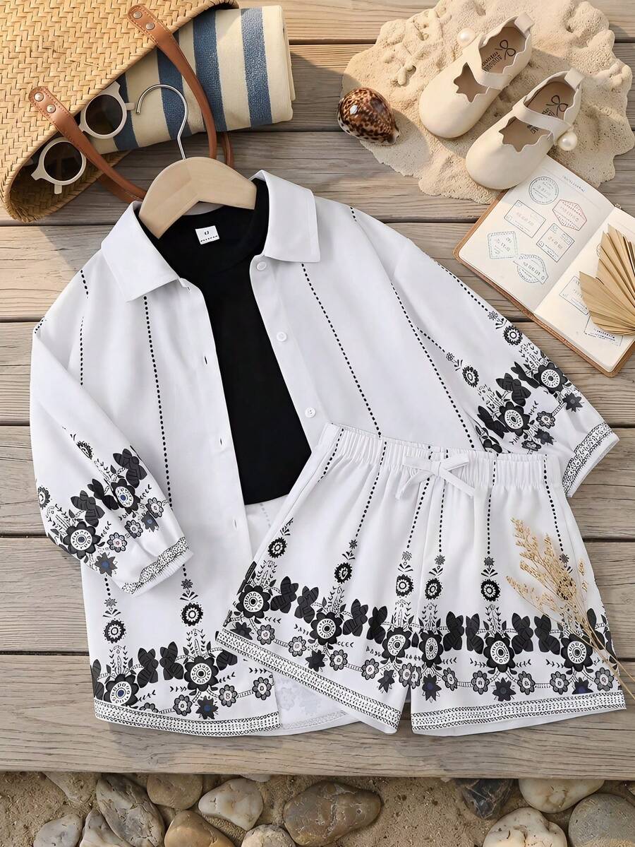Emery Rose Kids Young Girl Floral Print Shirt & Shorts Set, Casual Holiday Outfit - Multicolor - View 1