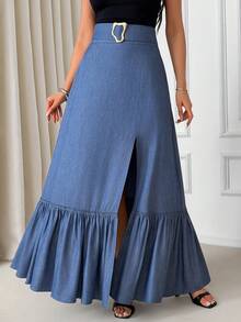 EURMUSE Jupe fendue à taille haute avec volants, ceinture à boucle métallique, style mode décontracté pour les vacances et les trajets quotidiens - Bleu marine - Voir 2